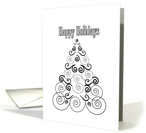 Happy Holidays, black and white Christmas tree in swirls card (948169)