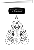 Merry Christmas aunt and uncle, black and white Christmas tree in swirls card