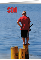 Son’s Birthday, boy fishing from stump card