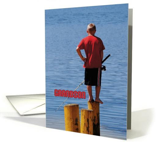 Grandson's Birthday, boy fishing from stump card (949982)