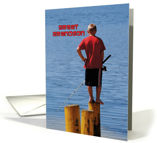 Great Grandson's Birthday, boy fishing from stump card (949991)