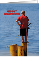 Great Grandson’s Birthday, boy fishing from stump card