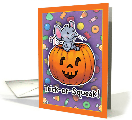 Trick or Squeak Halloween Mouse with Multicolor Background card