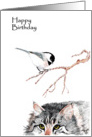 Cat and Chickadee Birthday card