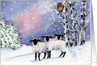 Christmas Eve Friends, Lambs, Owl in Snow card