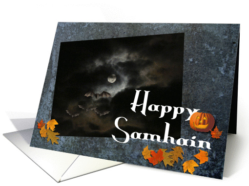 Happy Samhain/Full Moon, Bats, Fall Leaves-Pagan Festival card