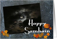 Happy Samhain/Full Moon, Bats, Fall Leaves-Pagan Festival card