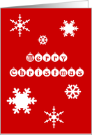 Merry Christmas-White Snowflakes and Baubles on Red card