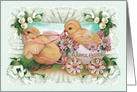 Sweet Easter Chick Pulling Chick in Egg Cart with Pink Daisies and Lace Vintage Art card