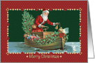 Santa Traveling in a Boat to Deliver Decorated Tree and Children Gifts card