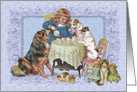 Little Girl sharing a Tea Party with her Doggie Friends Blank Note card