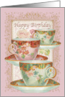 Happy Birthday with Ornate Teacups and Roses Vintage card