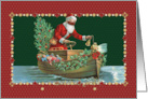 Vintage Santa in Boat with Tree and Toys Wearing a Protective Mask card