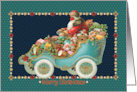 Vintage Santa in Car Filled with Toys Wearing a Protective Mask card