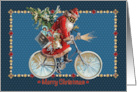 Vintage Santa Riding a Bike with Toys Wearing a Protective Mask card