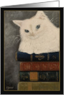 White Cat Sitting on Antique Books Original Oil Painting Blank Note card