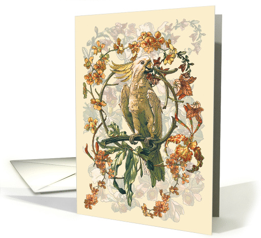 Exotic Large White Bird with Many Orchids All Occasion Blank card