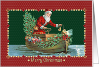 Santa Traveling in a Boat to Deliver Decorated Tree and Children Gifts card