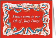 4th of July Patriotic Ribbon on White Lace Vintage Party Invitation card