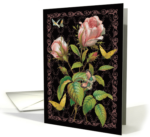 Pink Roses & Butterflies Blank Floral Note card (1574230)