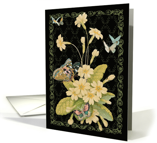 Yellow Primroses & Butterflies Blank Floral Note card (1574240)