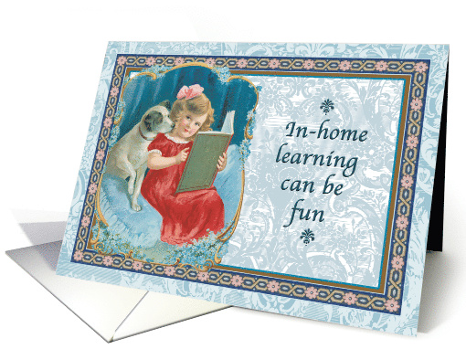 In Home Learning Coronavirus School Child Reading and Her Dog card