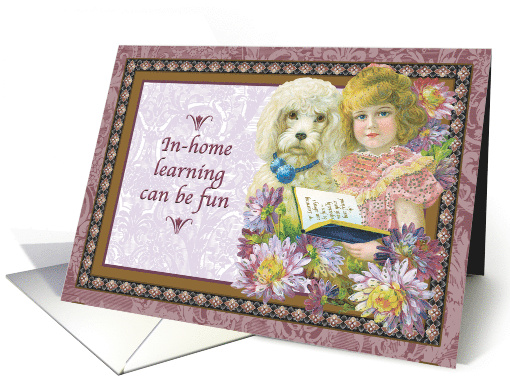 In Home Learning Coronavirus School Child Reading and Her Dog card