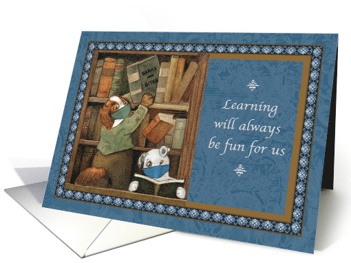 Friendship and Learning in Covid 19 masks Two Puppies in Library card