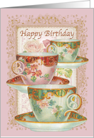 Happy Birthday with Ornate Teacups and Roses Vintage card
