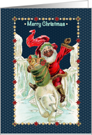 Vintage Santa Riding a Polar Bear with Toys Wearing a Protective Mask card