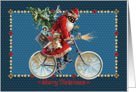 Vintage Santa Riding a Bike with Toys Wearing a Protective Mask card