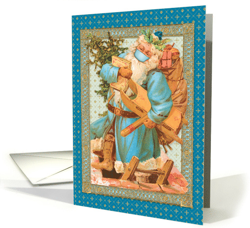 Vintage Blue Suited Santa with Toys Wearing a Protective Mask card