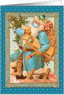 Vintage Blue Suited Santa with Toys Wearing a Protective Mask card