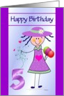 5th Birthday - Stick Girl in a Purple Dress and Hat with Balloons card