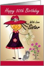 Sister/50th Birthday - Stick Girl in a Purple & Pink Dress and Hat card