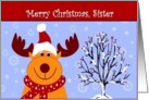 Sister / Merry Christmas - Reindeer in a Santa Hat card