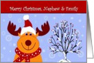Nephew & Family/ Merry Christmas - Reindeer in a Santa Hat card