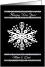 Mom - Dad - Happy New Year - White Snowflake/Silver Garland on Black card