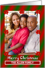 Merry Christmas ~ Red & Green Striped Photo Card With Poinsettias ~ Add Your Photo & Text card