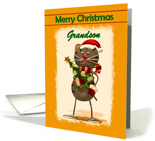 Grandson / Merry Christmas - Christmas Cartoon Cat in a Santa Hat card