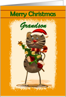 Grandson / Merry Christmas - Christmas Cartoon Cat in a Santa Hat card