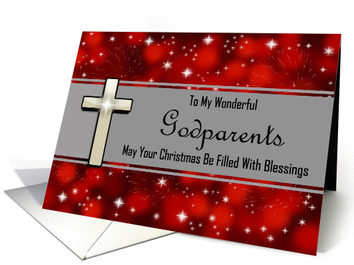 Godparents / Merry Christmas - Cross / Stars / Red Background card