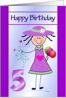 5th Birthday - Stick Girl in a Purple Dress and Hat with Balloons card