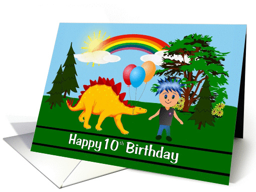 10th Birthday - Age Specific - Cartoon Boy and his Dinosaur card