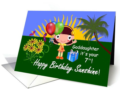 Goddaughter 7th Birthday - Cartoon Birthday Girl in a Garden card