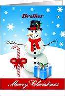 Brother / Merry Christmas - Snowman with a candy-cane and gift card