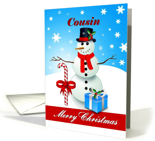 Cousin / Merry Christmas - Snowman with a candy-cane and gift card