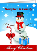 Daughter & Family Merry Christmas - Snowman with a candy-cane and gift card