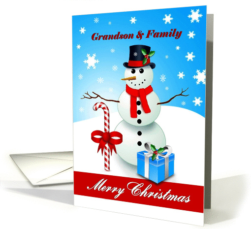 Grandson & Family Merry Christmas - Snowman/candy-cane/ gift card