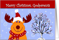 Godparents / Merry Christmas - Reindeer in a Santa Hat card